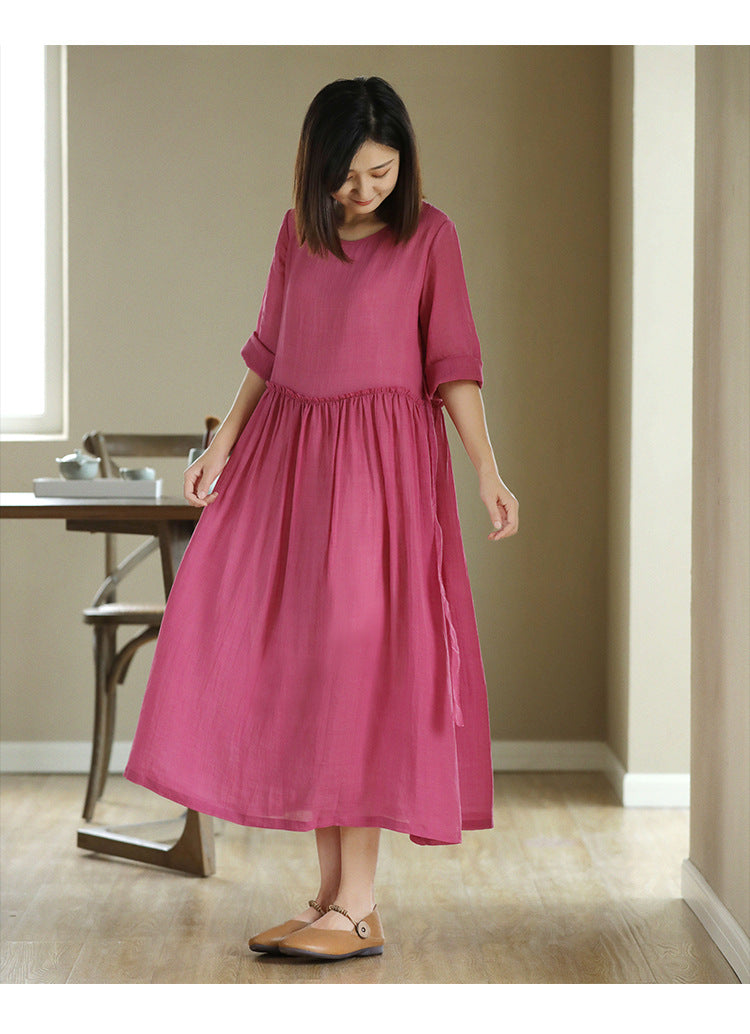 2023 New Summer Cotton Linen dress Women's High Waist Slimming Artistic Loose Retro Seven-Sleeve Round Neck Dress