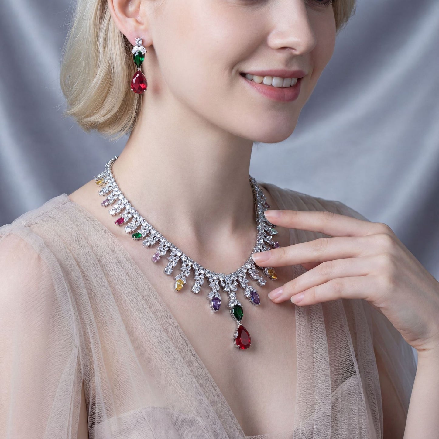 Luxury Dinner Dress Jewelry Red Zircon Necklace suit High-end Wedding Micro-inlay Bridal Wedding Earrings Jewelry