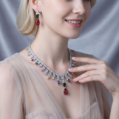 Luxury Dinner Dress Jewelry Red Zircon Necklace suit High-end Wedding Micro-inlay Bridal Wedding Earrings Jewelry