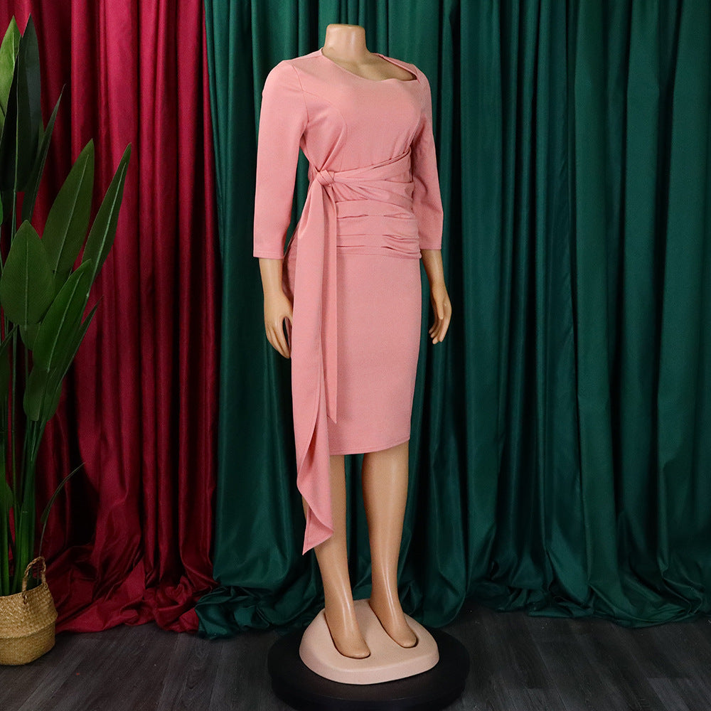 D3168 European and American Clothing Summer Office Dress Three-Quarter Sleeve Pleated Strap Professional Large Size African Dress