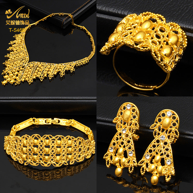 Cross-border hot selling four-piece Indian Dubai gold jewelry necklace bracelet ring earrings bridal wedding big jewelry
