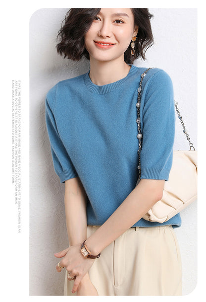 2025 Spring and Summer New Style Knitted Short-Sleeved Women's Round Neck Bottoming Knitted Pullover Half-Sleeved Sweater Loose Bottoming Sweater