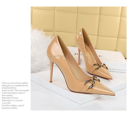 Luxury Women Pumps Metal Belt Buckle High Heels Patent Leather Women Heels Stilettos Career OL Office Shoes Plus Size 41 42 43