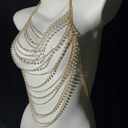 European and American fashion cross-border jewelry summer beach sexy body chest chain handmade pearl chest chain