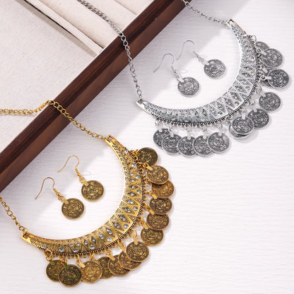 European and American Retro Fashion Golden Roman Coin Tassel Necklace Bohemian Ethnic Style Clavicle Chain Jewelry suit
