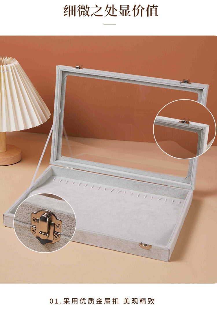New Glacier Grey Pearl Necklace Storage Box with Lid Glass Dust-proof Long Bracelet Beads Thick Necklace Jewelry Box