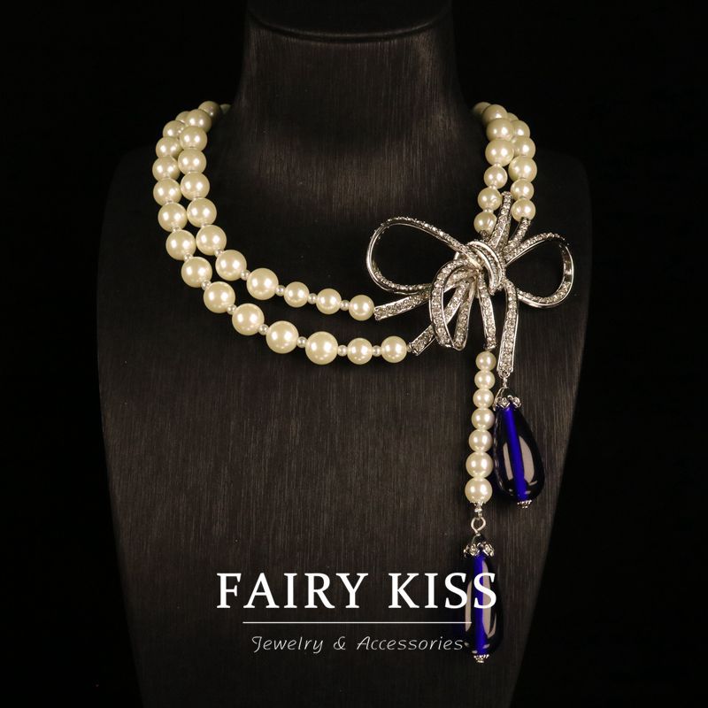 Light luxury personalized bowknot dense Diamond full copper glass pearl necklace suit exquisite elegant jewelry