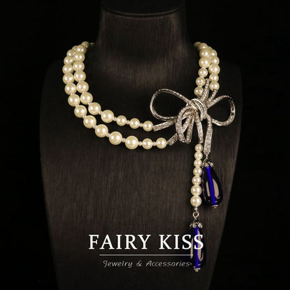 Light luxury personalized bowknot dense Diamond full copper glass pearl necklace suit exquisite elegant jewelry