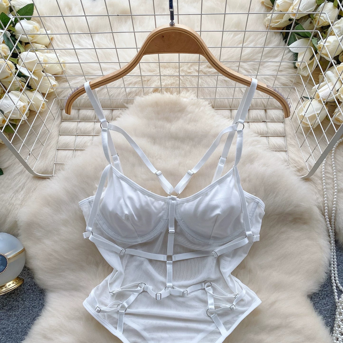CHILLGIO Women Sexy Lace Strappy Rompers Lingerie One Piece Combination Bodycon Catsuits Sheer Fashion Solid Push Up Bodysuits