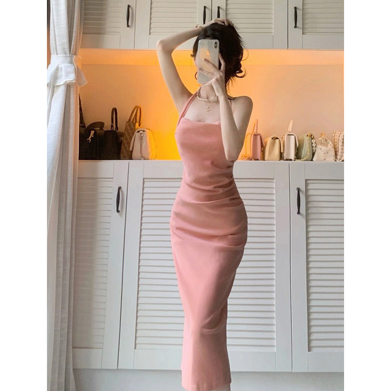 Pure Pink Neck Sling dress Women's Summer Texture French Waist Hip Mid-length Skirt Elegant