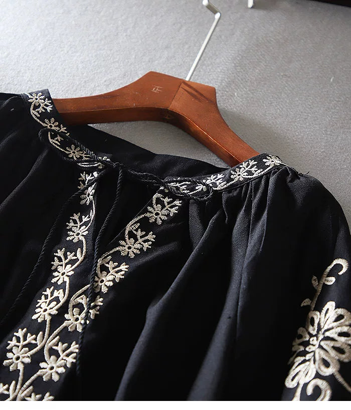 European Station Fashion Ethnic Style Lantern Sleeve Cotton Linen Long Sleeve Heavy Industry Embroidered Loose Casual Shirt Women's Autumn Top