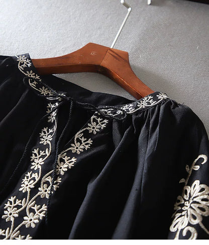 European Station Fashion Ethnic Style Lantern Sleeve Cotton Linen Long Sleeve Heavy Industry Embroidered Loose Casual Shirt Women's Autumn Top
