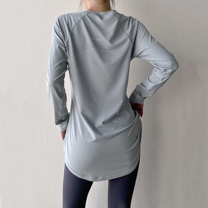 Spring and Summer Long Hip Covering Slimming Style Beautiful Back Breathable Yoga Suit Long Sleeve Running Fitness Sportswear T-shirt for Women