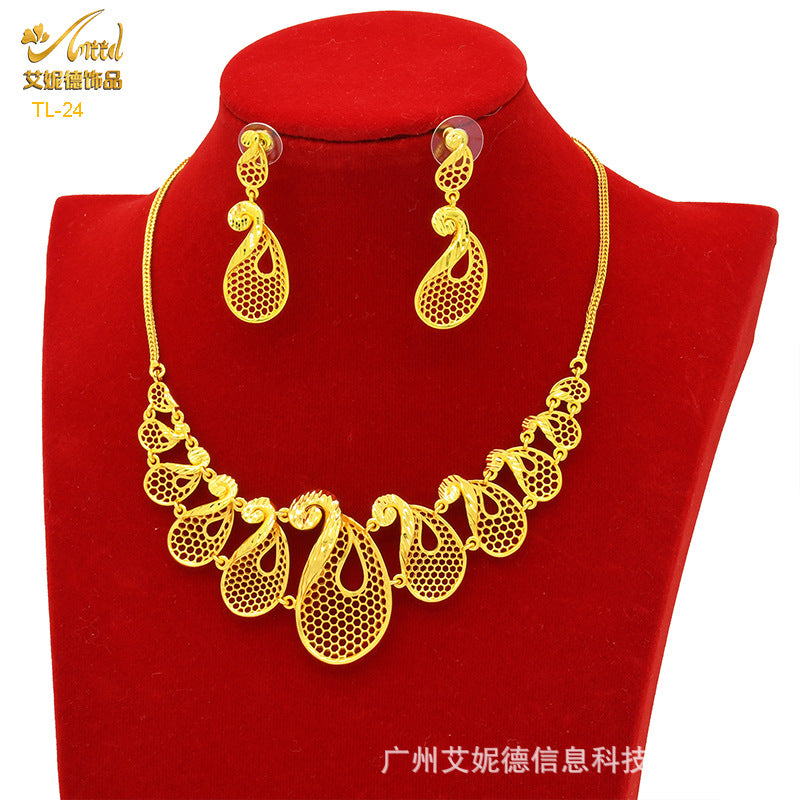 Imitation gold flower necklace earrings suit Dubai India Nigeria brass gold plated women wedding jewelry lot