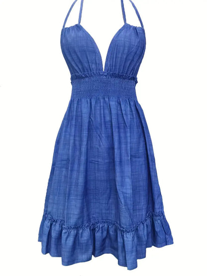 European and American Amazon Cross-Border Popular Women's Clothing Deep V Rope Suspender Parallel Pleated Sexy Dress Beach Degree