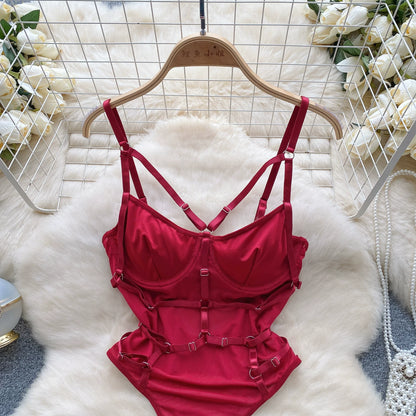 CHILLGIO Women Sexy Lace Strappy Rompers Lingerie One Piece Combination Bodycon Catsuits Sheer Fashion Solid Push Up Bodysuits