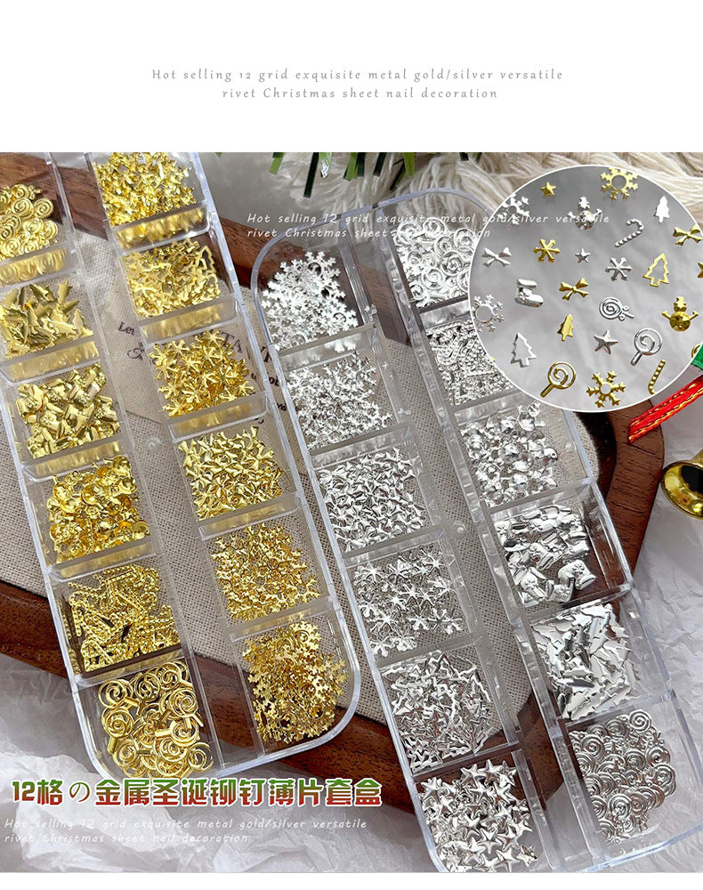 Christmas Rivet Nail Art Jewelry Long Box Special-Shaped Snowflake Alloy Flats Bottom Diamond Metal Nail Jewelry Stickers 12 Grids