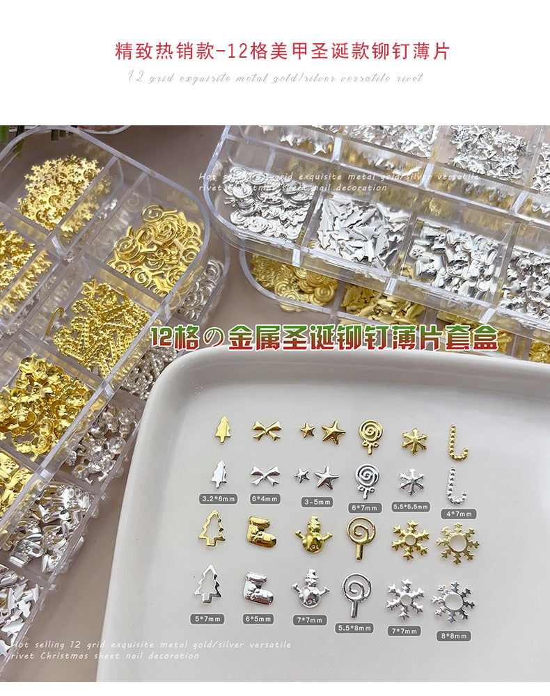 Christmas Rivet Nail Art Jewelry Long Box Special-Shaped Snowflake Alloy Flats Bottom Diamond Metal Nail Jewelry Stickers 12 Grids