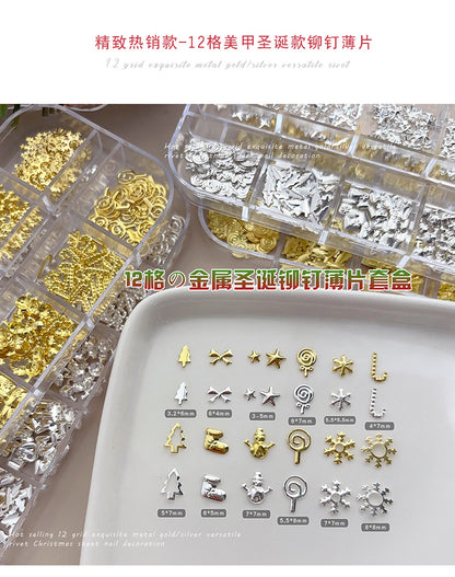 Christmas Rivet Nail Art Jewelry Long Box Special-Shaped Snowflake Alloy Flats Bottom Diamond Metal Nail Jewelry Stickers 12 Grids