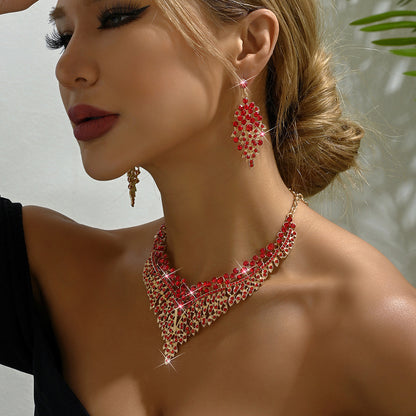 2024 New Exquisite Rhinestone Necklace Earrings Set Party Dress Wedding Accessories Alloy Cross-border Jewelry Supply