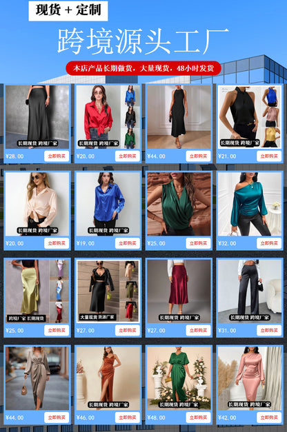 Amazon's Popular European and American V Neck Shirt Tops Spring and Summer Wish Aliexpress Ebay Long-Sleeved Satin Shirt