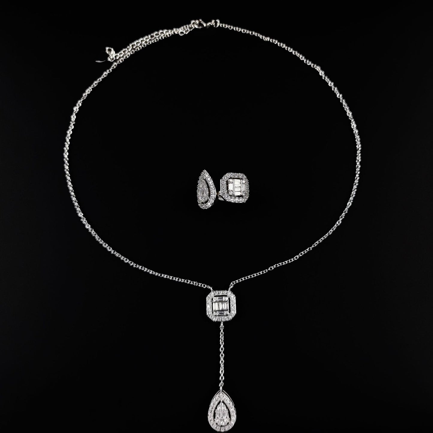 Amazon Fashion Cross-border New Square Long Zircon Earrings Ring Necklace Jewelry Three-piece Set j6138