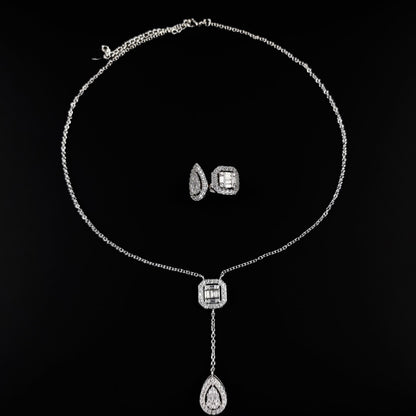 Amazon Fashion Cross-border New Square Long Zircon Earrings Ring Necklace Jewelry Three-piece Set j6138