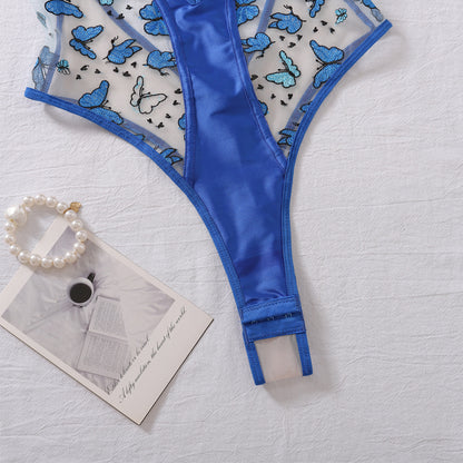 CHILLGIO Women Butterfly Embroidery Mesh Bodysuits Push Up Underwire Tights Sexy One Piece Combination Strappy Rompers Lingerie