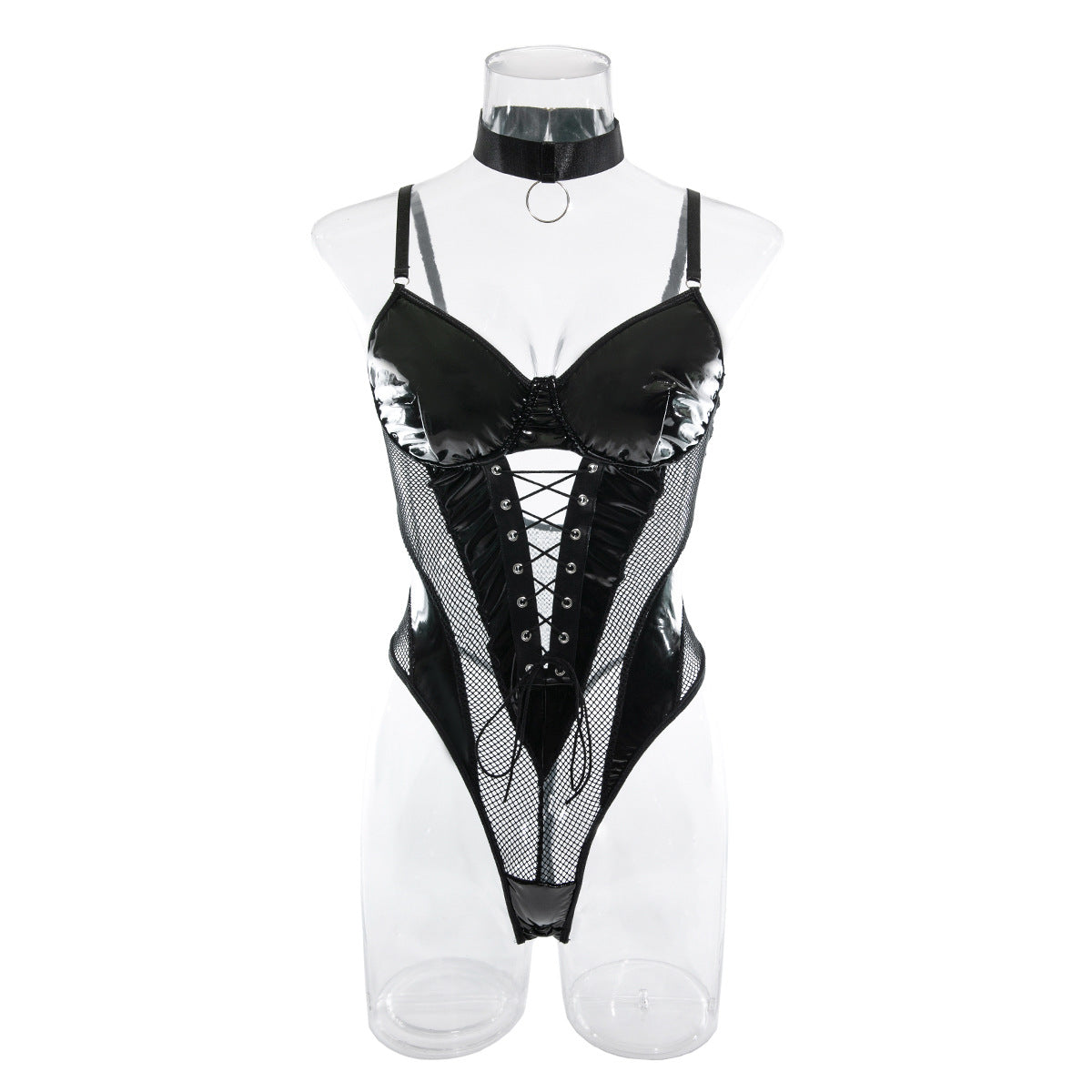 CHILLGIO Women Sexy PU Mesh Strappy Bodysuits Lace-up Tight Catsuits Hollow Slim Rompers Fashion One Piece Combination Oneise