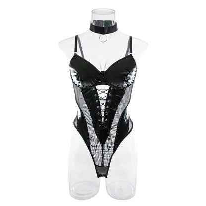 CHILLGIO Women Sexy PU Mesh Strappy Bodysuits Lace-up Tight Catsuits Hollow Slim Rompers Fashion One Piece Combination Oneise