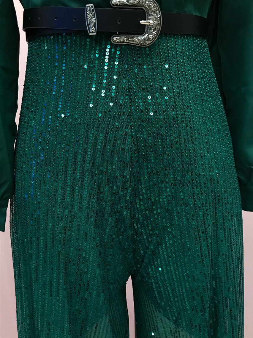 2025 Dress Women's Spring & Fall High-End V Neck Long-Sleeved Shirt Elegant Waist Sequin French Wide-Leg Pants