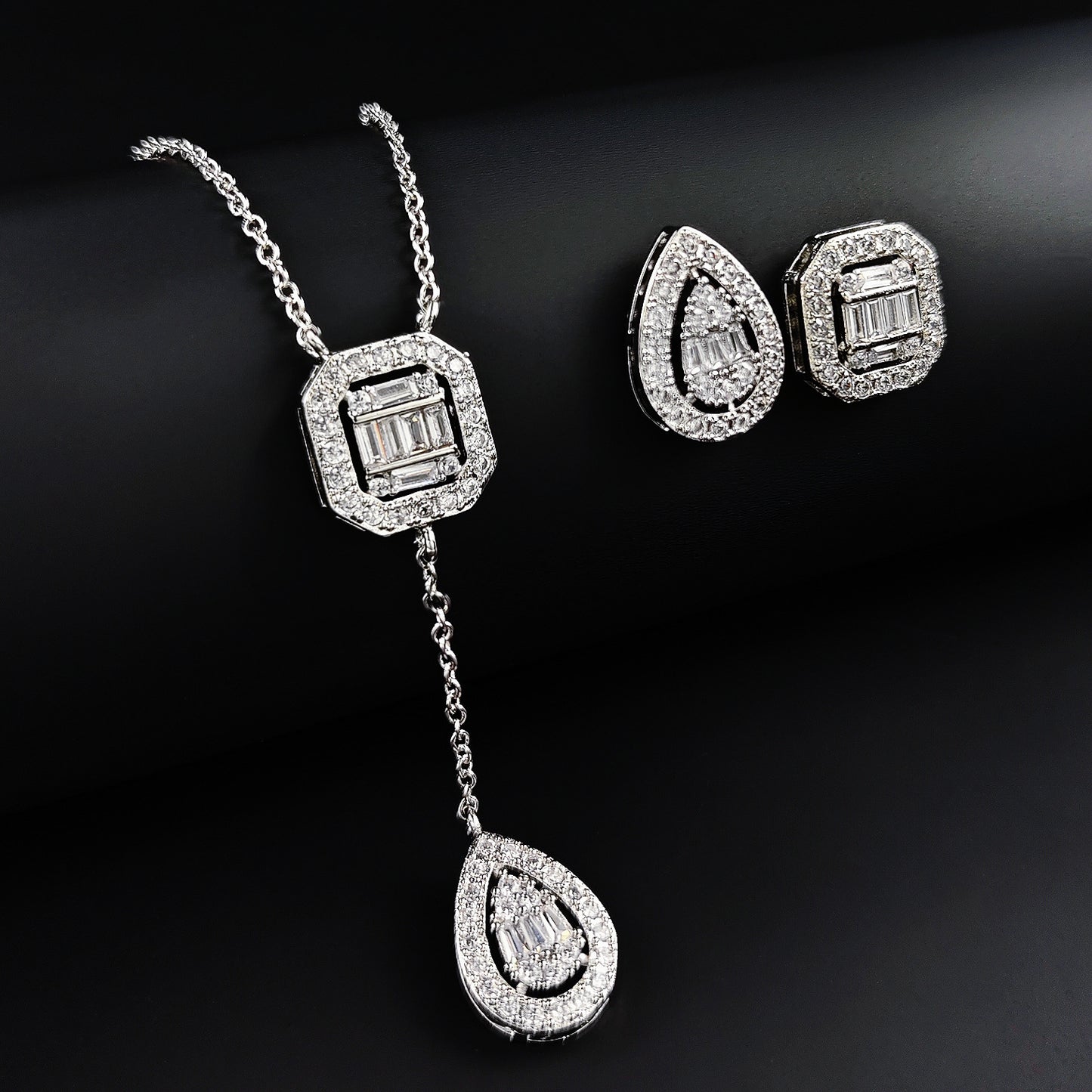 Amazon Fashion Cross-border New Square Long Zircon Earrings Ring Necklace Jewelry Three-piece Set j6138