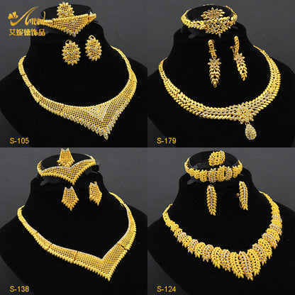 2025 Summer Dubai 24K Gold Bridal Jewelry Set Necklace Earrings Bracelet Ring Middle East Africa Jewelry