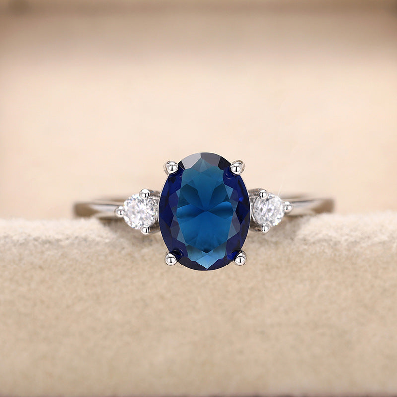 New Japanese and Korean Style Egg-Shaped Imitation Blue Gemstone Ring, Noble Temperament Hand Jewelry, Light Luxury, Versatile Fashion Jewelry for Women