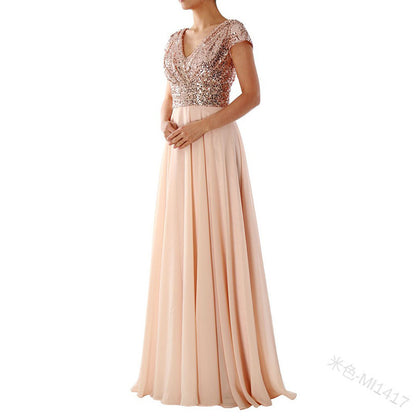 2025 Cross-Border New Spring and Summer European and American Clothing Sleeveless Dress V Neck Sequined Elegant Chiffon Splicing Evening Dress