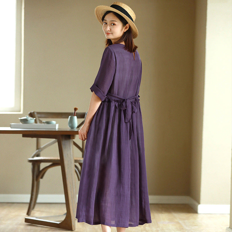 2023 New Summer Cotton Linen dress Women's High Waist Slimming Artistic Loose Retro Seven-Sleeve Round Neck Dress