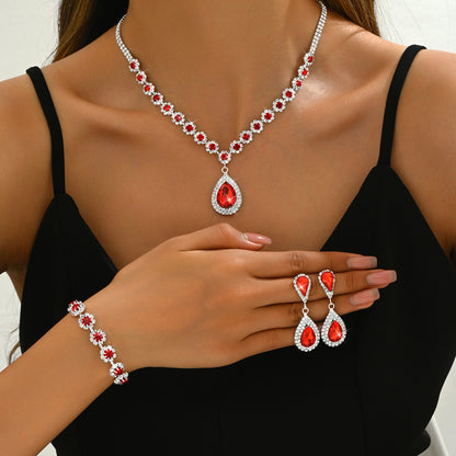 Cross-border Jewelry Explosions Necklace Earrings Bracelet Three-piece Set Full Diamond Flower Bride Jewelry suit Dress Accessories Women