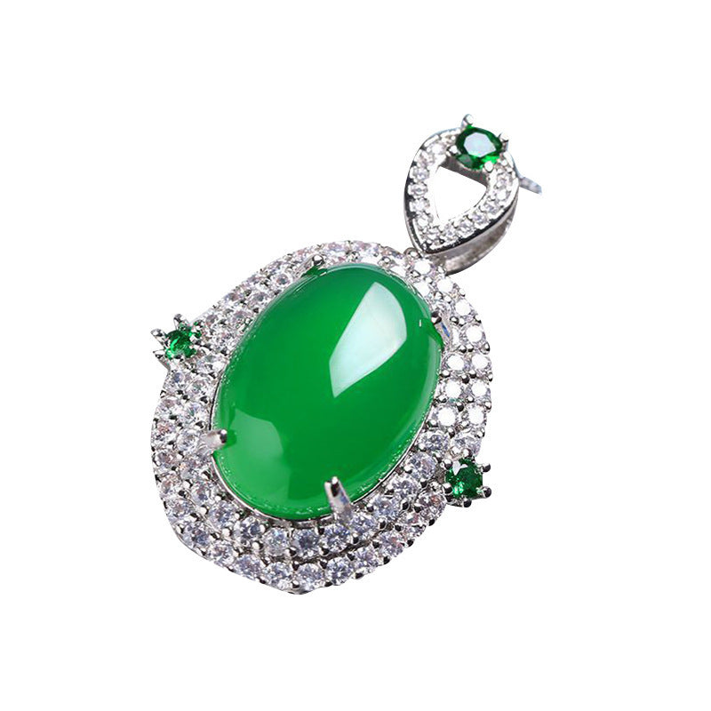 New Chinese Style Chrysoprase Pendant Ring Earrings Jade Pendant Jewelry Three-Piece Set Simple Retro Agate Inlay