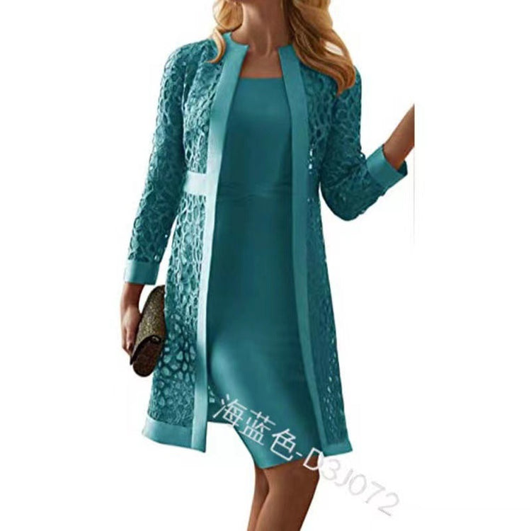 2025 Spot New Women's Color Lace Cardigan Dress Two-Piece Outwear Amazon Wish Export