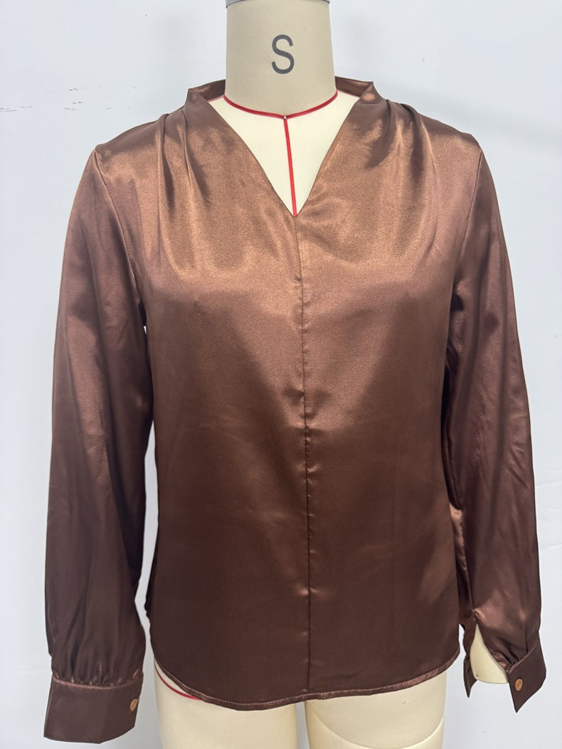 Amazon's Popular European and American V Neck Shirt Tops Spring and Summer Wish Aliexpress Ebay Long-Sleeved Satin Shirt