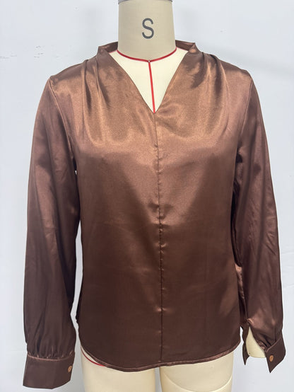 Amazon's Popular European and American V Neck Shirt Tops Spring and Summer Wish Aliexpress Ebay Long-Sleeved Satin Shirt