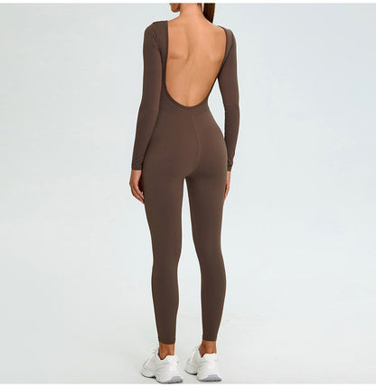 New Summer Sexy V Back Gym Sports Jumpsuit Yoga Clothes Rompers Women Long Sleeveles Workout Bodysuits Backless One-piece Suit