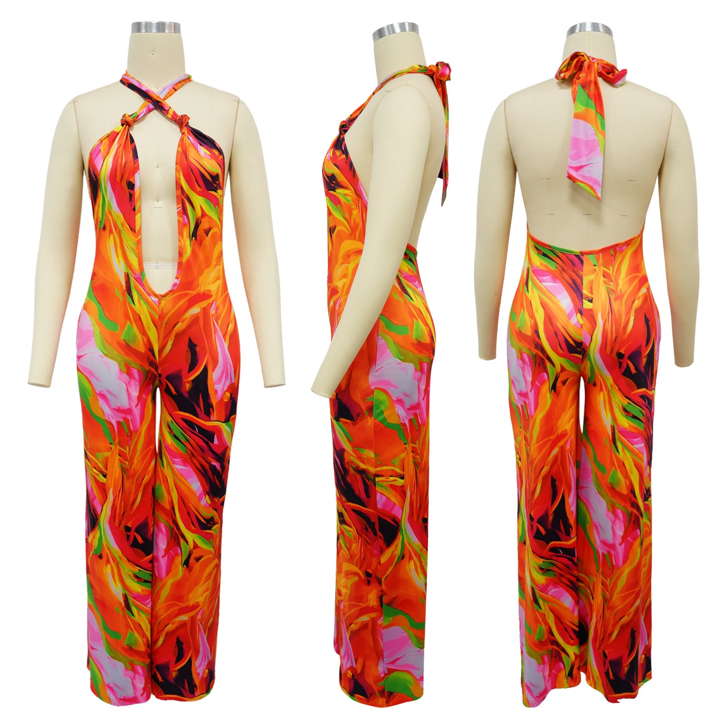 CM.YAYA Women Wide Leg V-neck Halter Sleeveless Print Jumpsuits 2024 Summer Night Club Street Playsuit One Piece Suit Rompers
