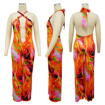 CM.YAYA Women Wide Leg V-neck Halter Sleeveless Print Jumpsuits 2024 Summer Night Club Street Playsuit One Piece Suit Rompers