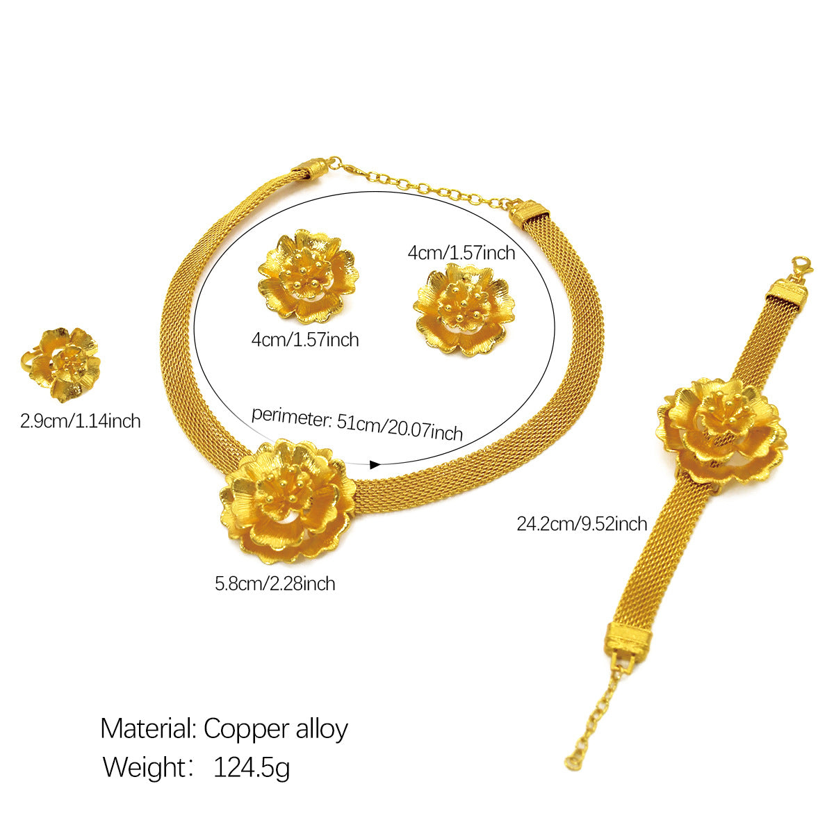 2025 Summer Dubai 24K Gold Bridal Jewelry Set Necklace Earrings Bracelet Ring Middle East Africa Jewelry