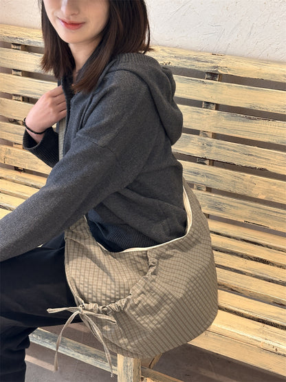 Retro Plaid Hobos Messenger Bags for Women Drawstring Pocket Nylon Dumpling Bag Large Capacity Portable Travel Shoulder Bags