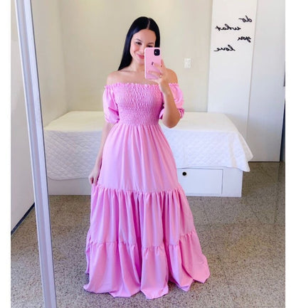 2025 Cross-Border New Spring and Summer European and American Clothing Dress One-Shoulder Floral Off-Shoulder Long Color Fairy Skirt