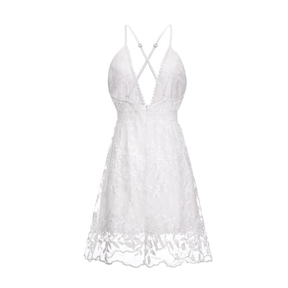 Cross-Border 2023 Summer New European and American Sexy Deep V Neck Backless Suspender Dress Amazon Lace Beach Dress