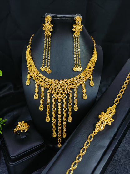 Cross-Border Hot Selling Dubai Luxury 24K Jewelry Necklace Earrings Ring Bracelet Four-Piece Bridal Wedding Tassel Set