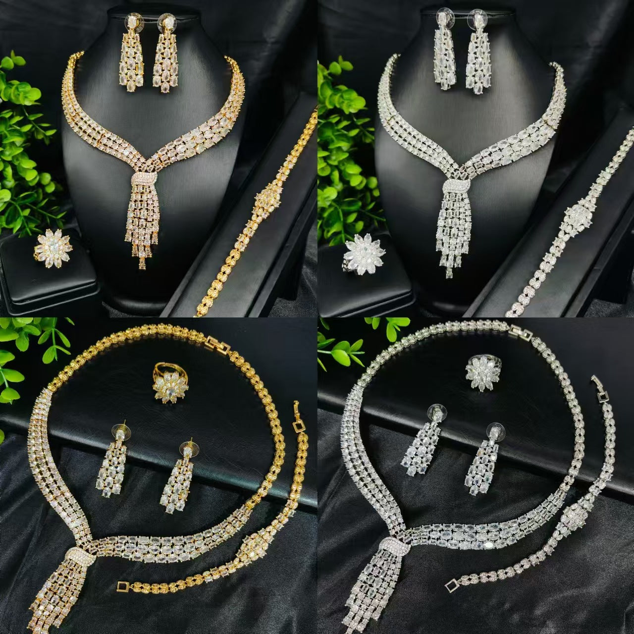 Brilliant Diamond-Filled Bridal Wedding Attire, Wedding Jewelry Set with Zircon Tassels, Jewelry Necklace, Earrings, Ring, Four-Piece Set